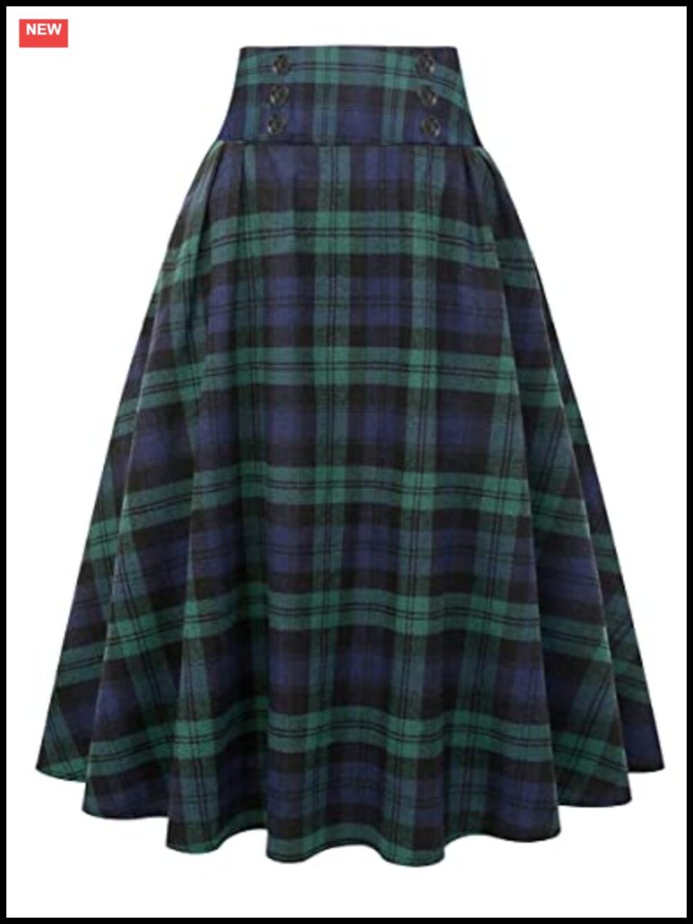 Plaid Midi Skirt High Waist A-Line Pleated Flared Hem Side Pockets